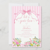 Pink Floral Stripe Let's Par-tea Birthday Kaart (Voorkant)