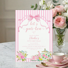 Pink Floral Stripe Let's Par-tea Birthday Kaart