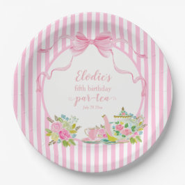 Pink Floral Stripe Let's Par-tea Birthday Papieren Bordje