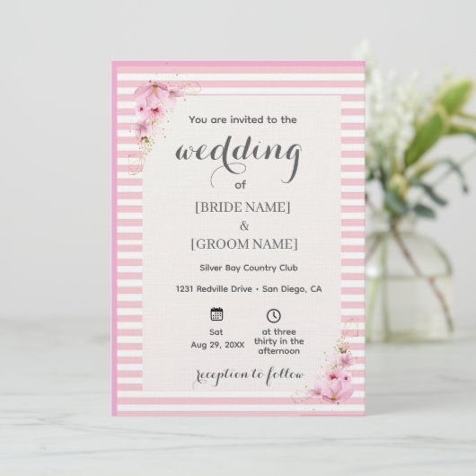 Pink Floral Striped Wedding Invitation Kaart (Staand voorkant)