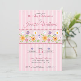 Pink Floral Stripes Birthday Kaart