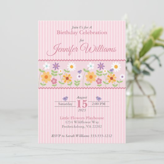 Pink Floral Stripes Birthday Kaart (Staand voorkant)
