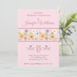 Pink Floral Stripes Birthday Kaart