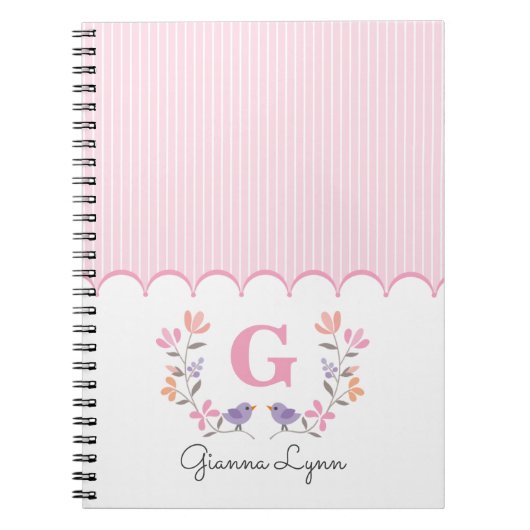 Pink Floral Stripes Monogrammed Notitieboek (Voorkant)