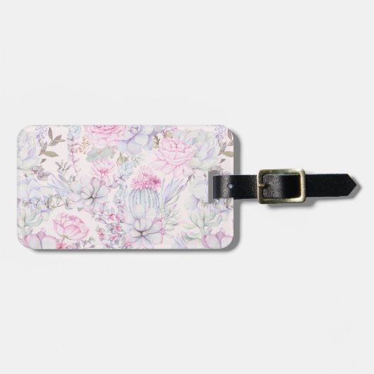 Pink Floral Succulent Illustration Summer Pattern Bagagelabel (Voorkant horizontaal)