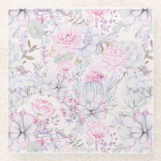 Pink Floral Succulent Illustration Summer Pattern Glazen Onderzetter (Voorkant)