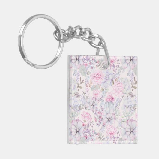 Pink Floral Succulent Illustration Summer Pattern Sleutelhanger (Voorkant Links)