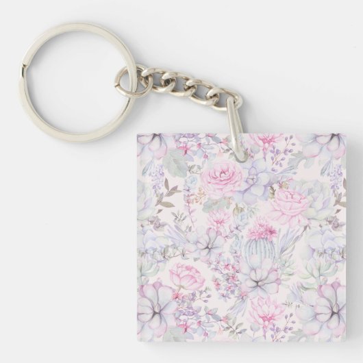 Pink Floral Succulent Illustration Summer Pattern Sleutelhanger (Voorkant)