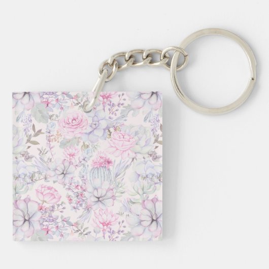 Pink Floral Succulent Illustration Summer Pattern Sleutelhanger (Achterkant)