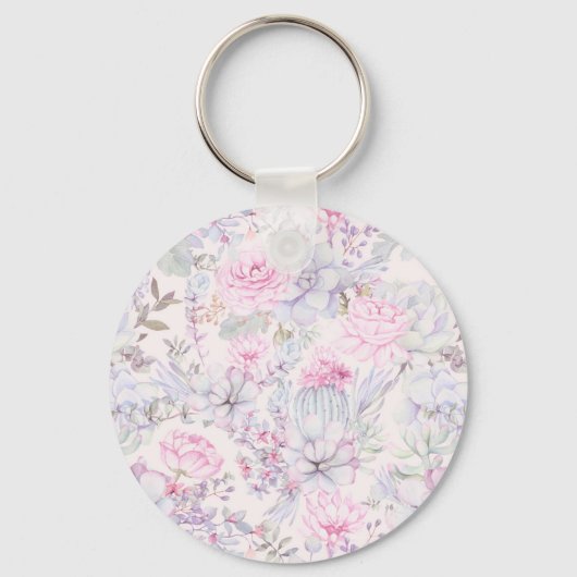 Pink Floral Succulent Illustration Summer Pattern Sleutelhanger (Voorkant)