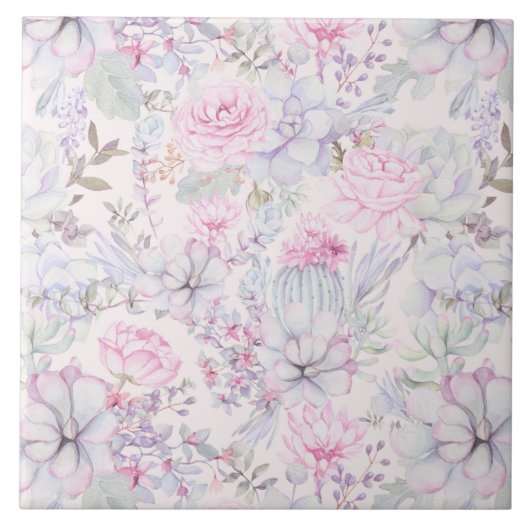 Pink Floral Succulent Illustration Summer Pattern Tegeltje (Voorkant)