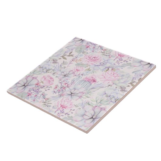 Pink Floral Succulent Illustration Summer Pattern Tegeltje (Zijkant)