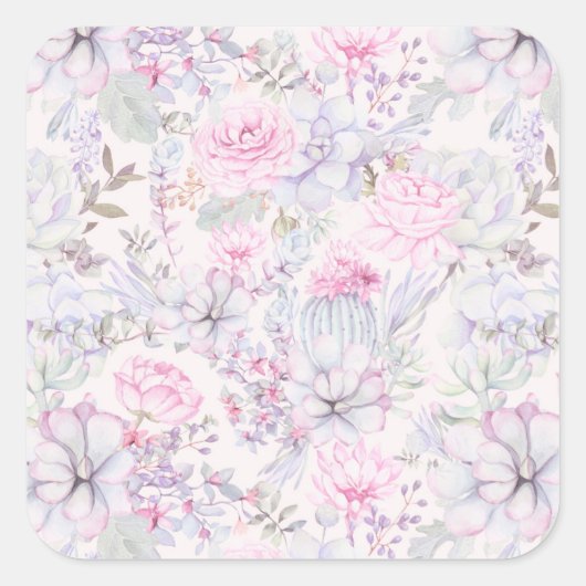 Pink Floral Succulent Illustration Summer Pattern Vierkante Sticker (Voorkant)