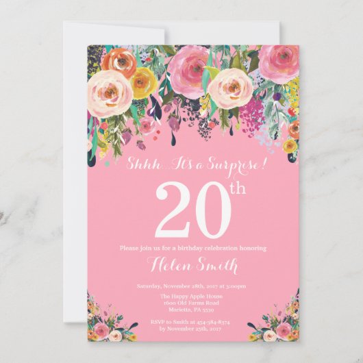 Pink Floral Surprise 20th Birthday Invitation Kaart (Voorkant)