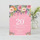 Pink Floral Surprise 20th Birthday Invitation Kaart (Staand voorkant)
