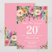 Pink Floral Surprise 20th Birthday Invitation Kaart (Voorkant / Achterkant)