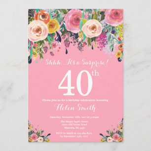 Pink Floral Surprise 40th Birthday Invitation Kaart