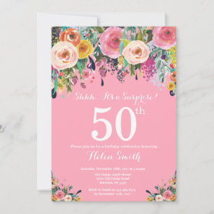 Pink Floral Surprise 50th Birthday Invitation Kaart