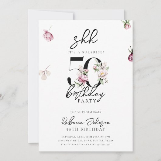 Pink Floral Surprise 50th Birthday Party Kaart (Voorkant)