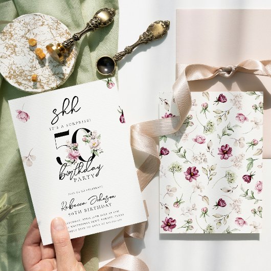 Pink Floral Surprise 50th Birthday Party Kaart