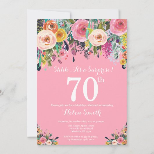 Pink Floral Surprise 70th Birthday Invitation Kaart (Voorkant)