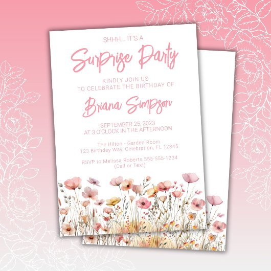 Pink Floral Surprise Birthday Party Kaart