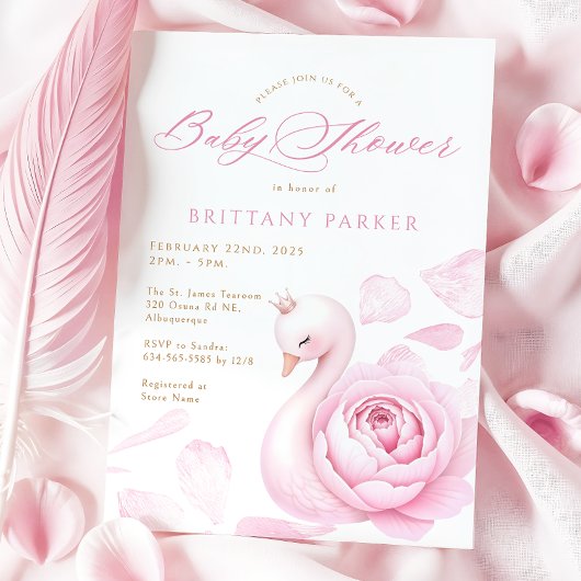 Pink Floral Swan Baby shower Kaart