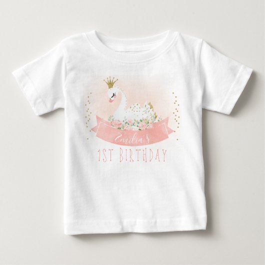 Pink Floral Swan Princess 1st Birthday T-Shirt (Voorkant)