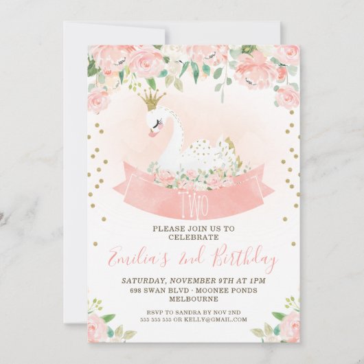 Pink Floral Swan Princess Birthday Uitnodiging (Voorkant)