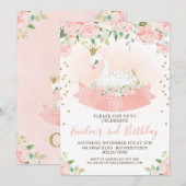 Pink Floral Swan Princess Birthday Uitnodiging (Voorkant / Achterkant)