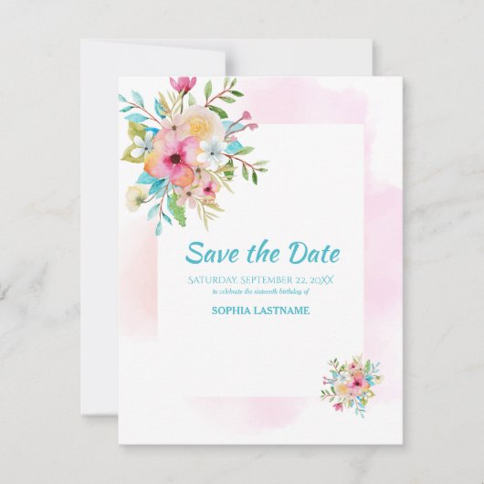 Pink Floral Sweet 16 Flat Save the Date Kaart (Voorkant)