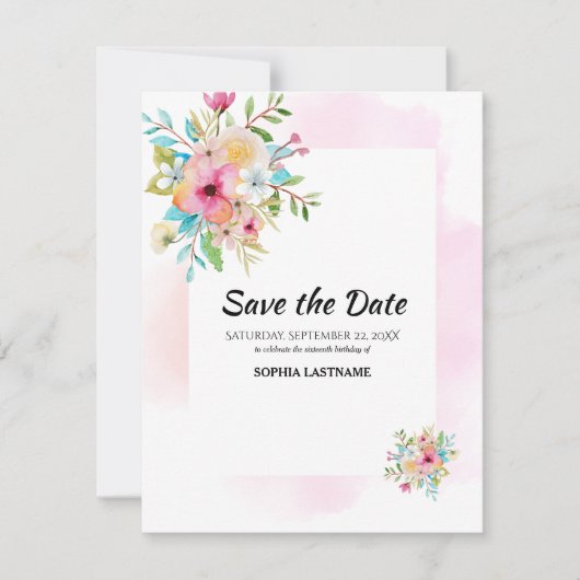 Pink Floral Sweet 16 Flat Save the Date Kaart (Voorkant)