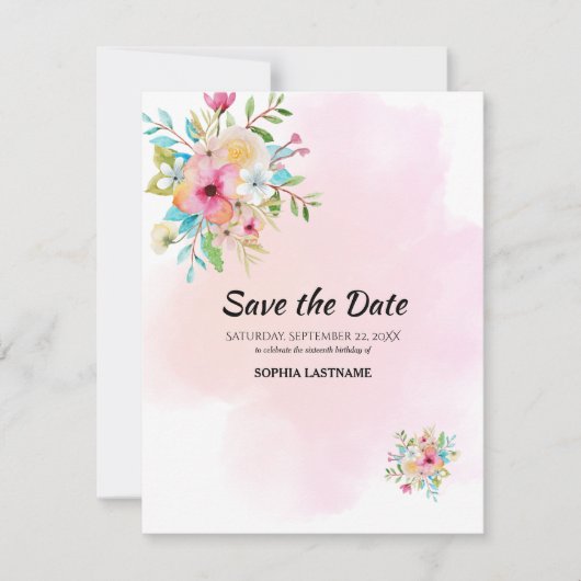 Pink Floral Sweet 16 Flat Save the Date Kaart (Voorkant)