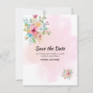 Pink Floral Sweet 16 Flat Save the Date Kaart