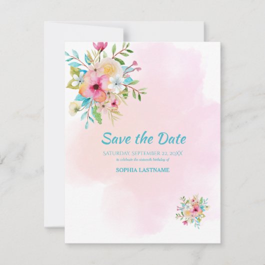Pink Floral Sweet 16 Flat Save the Date Kaart (Voorkant)
