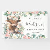 Pink Floral Sweet Highland Koe Baby shower Welkom Spandoek (Horizontaal)