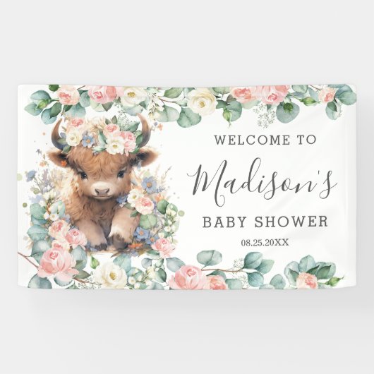 Pink Floral Sweet Highland Koe Baby shower Welkom Spandoek (Horizontaal)