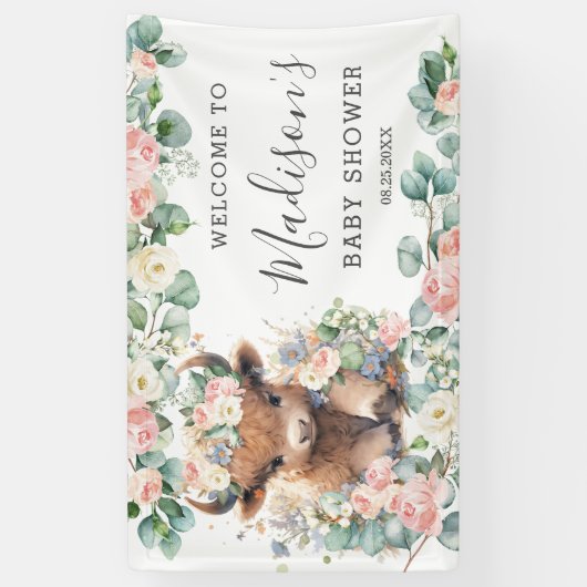 Pink Floral Sweet Highland Koe Baby shower Welkom Spandoek (Verticaal)