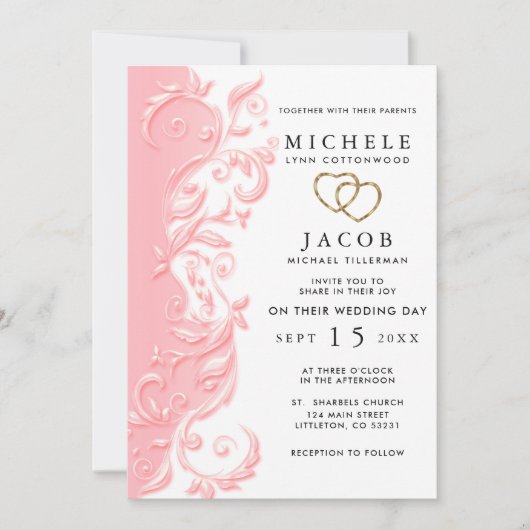 Pink Floral Swirl Wedding and RSVP Kaart (Voorkant)