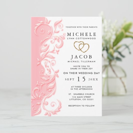 Pink Floral Swirl Wedding and RSVP Kaart (Staand voorkant)
