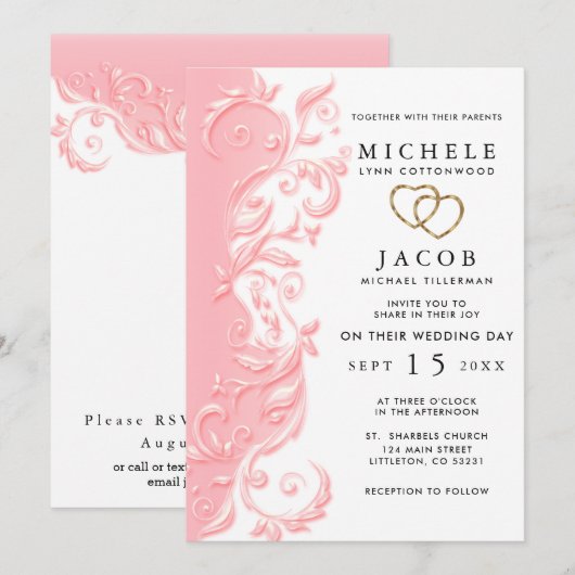 Pink Floral Swirl Wedding and RSVP Kaart (Voorkant / Achterkant)