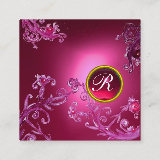 PINK FLORAL SWIRLS RED RUBY GEMSTONE MONOGRAM VIERKANTE VISITEKAARTJE (Achterkant)