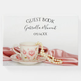 Pink Floral Tea Cup en Pearls Wedding Gastenboek