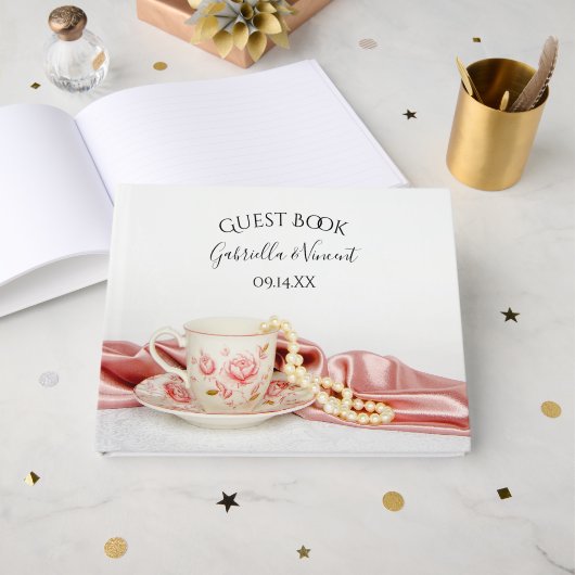 Pink Floral Tea Cup en Pearls Wedding Gastenboek (Voorkant open)