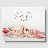 Pink Floral Tea Cup en Pearls Wedding Gastenboek (Voorkant)