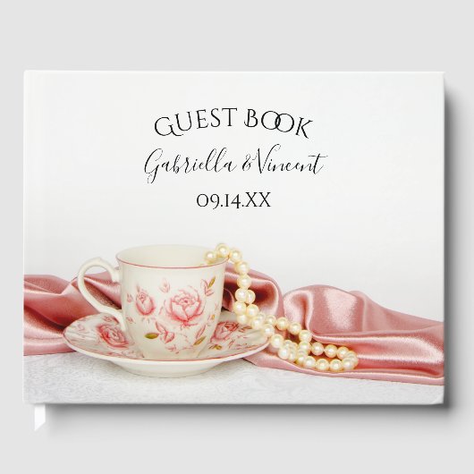 Pink Floral Tea Cup en Pearls Wedding Gastenboek (Voorkant)