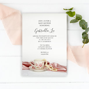 Pink Floral Tea Cup met Baby shower Pearls Kaart