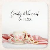 Pink Floral Tea Cup met parelbruiloft Kartonnen Onderzetters (Voorkant)