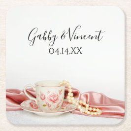 Pink Floral Tea Cup met parelbruiloft Kartonnen Onderzetters