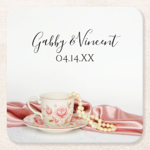 Pink Floral Tea Cup met parelbruiloft Kartonnen Onderzetters
